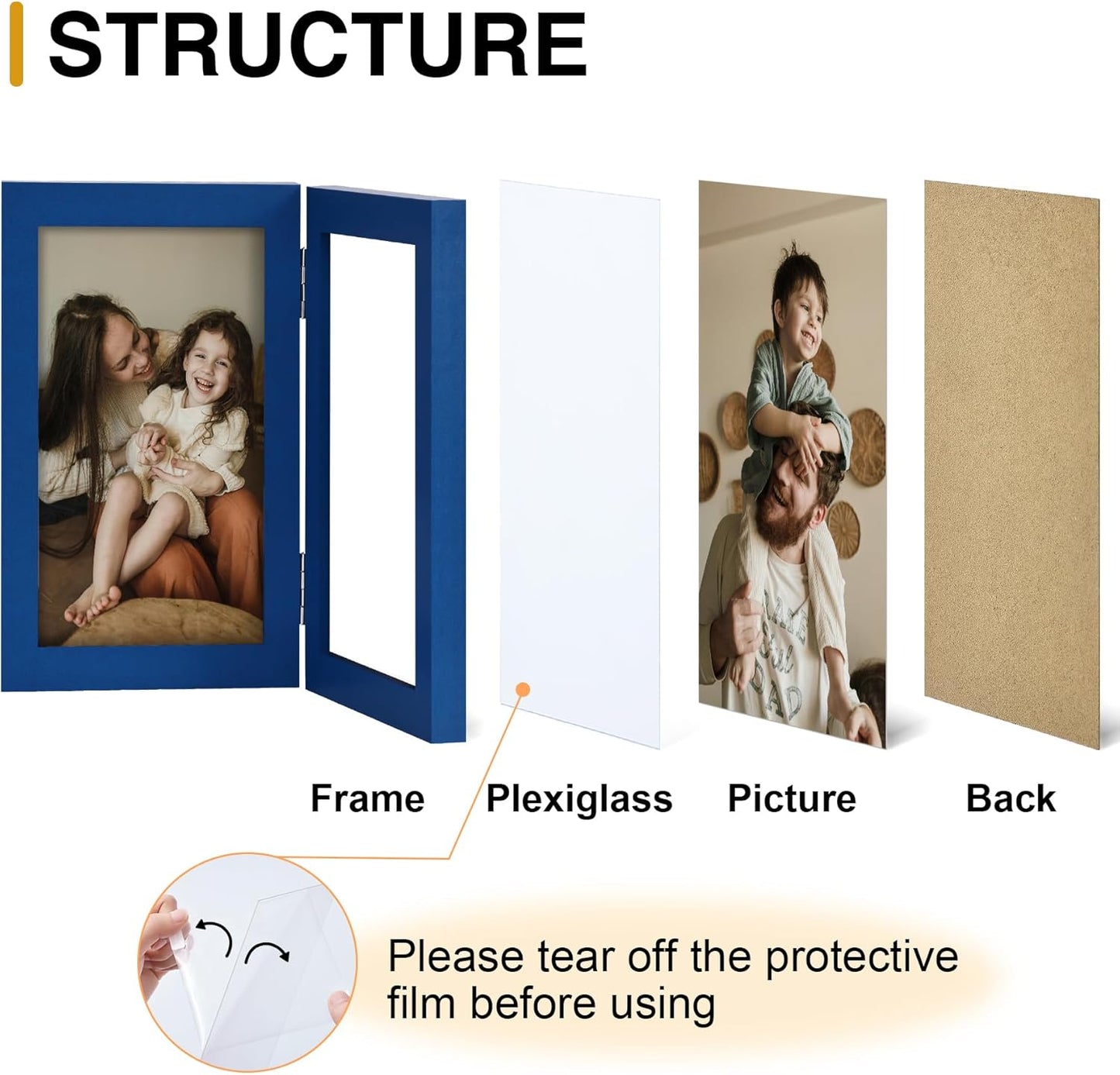 decorUhome Double 4x6 Picture Frame Vertical, Engineered Wood Bifold Photo Frame with Plexiglass for Tabletop Display, 4x6, Royal Blue