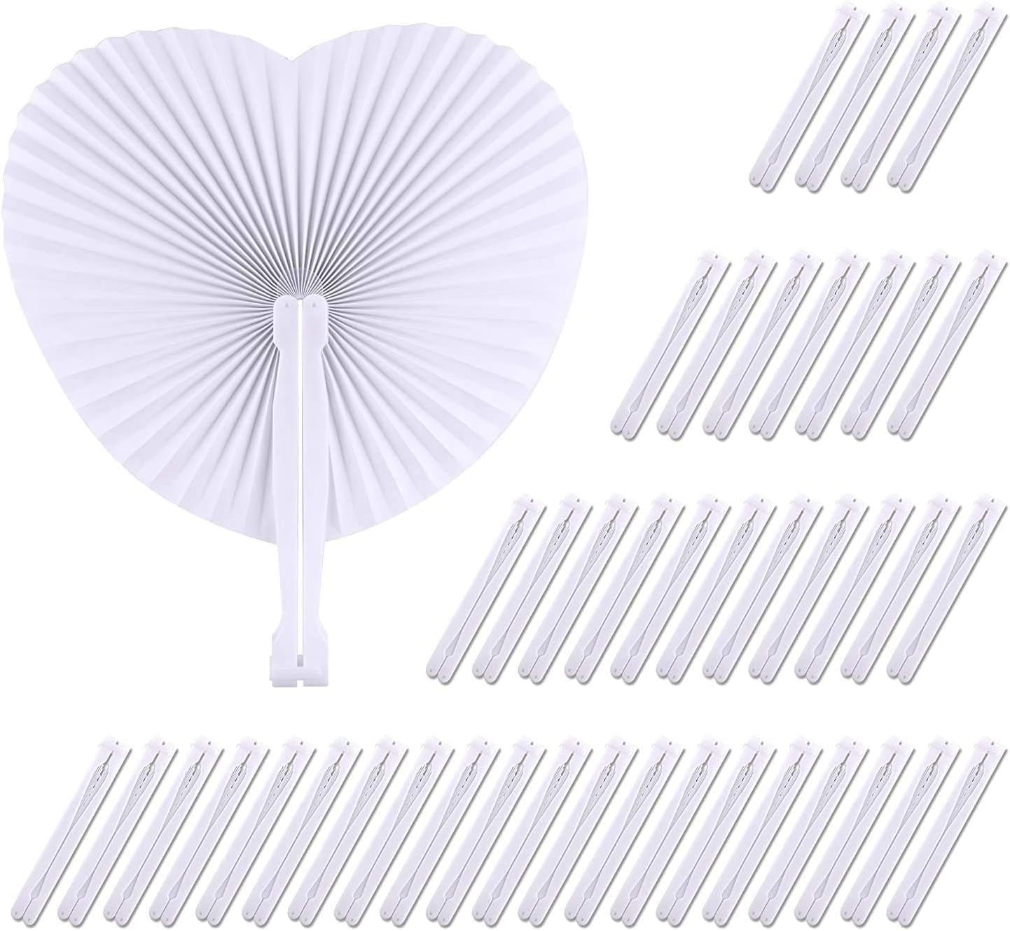 ZWIN 48 Pcs Heart Shaped Paper Fans for Wedding Pocket Folding Paper Fans with Plastic Handle White Blank Fans for Guest Celebration Party Decoration