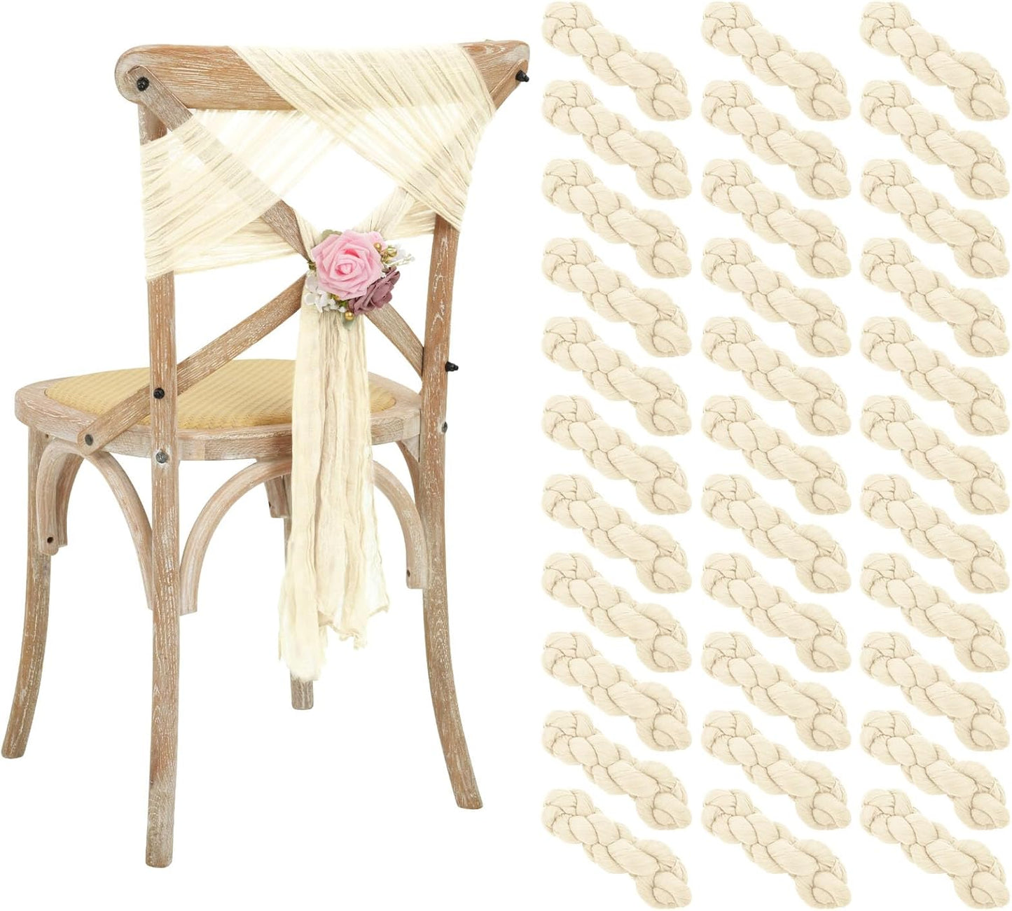 50 PCS Cheesecloth Chair Sashes Bows Wedding Aisle Decorations Chair Ribbon Ties Back Sash for Wedding Party Events Banquet Chair Cover Decoration (Ivory)