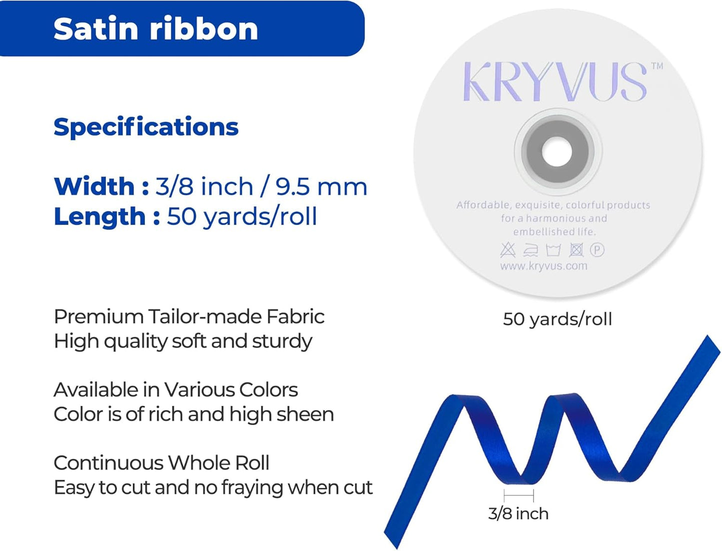 Dark Royal Blue Satin Ribbon 3/8 inch X Continuous 50 Yards, Single Face Polyester Ribbon Perfect for Gift Wrapping, Flower Bouquet, Wedding Decor, Crafts, Bow Making, Sewing and More