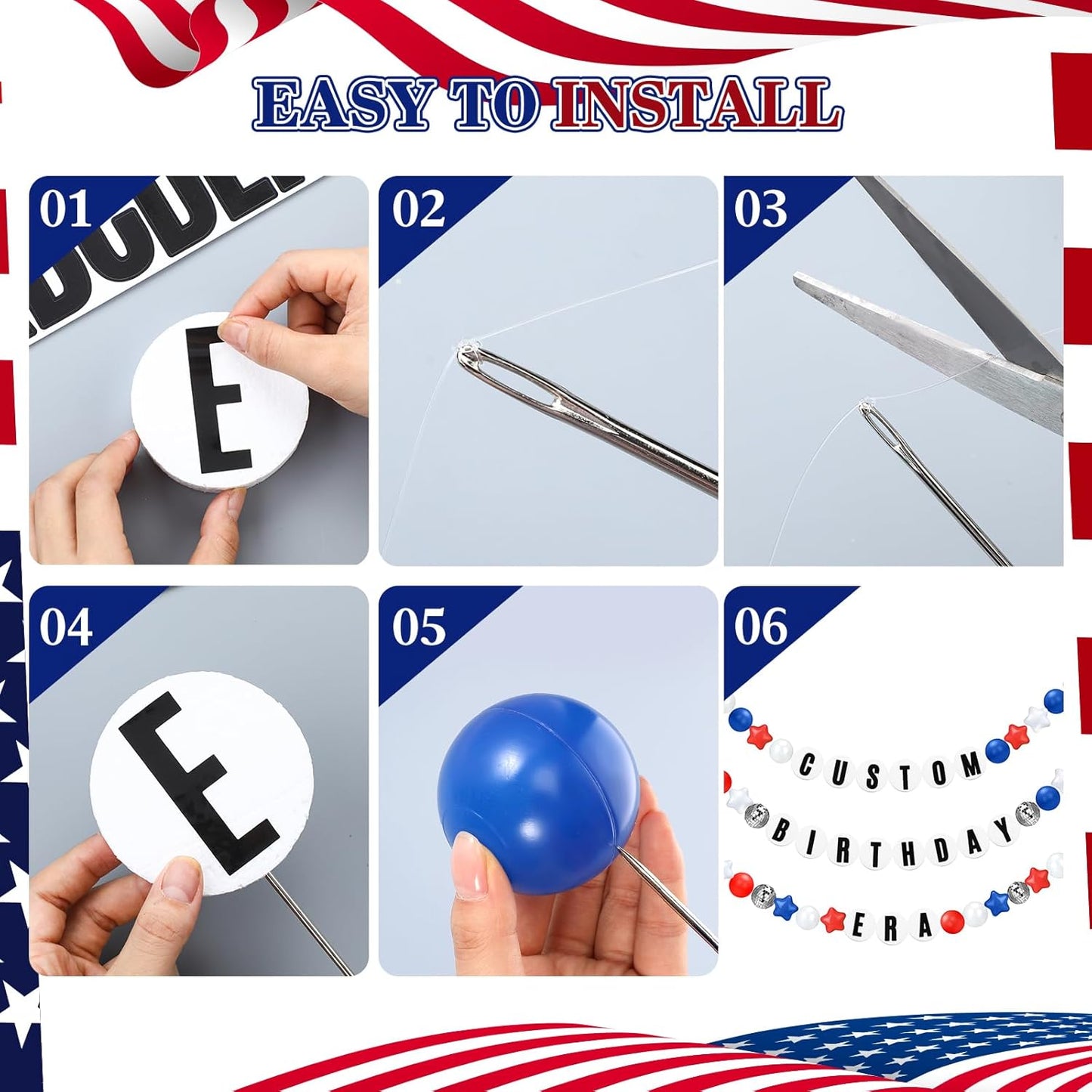 Giant Friendship Bracelet Garland Kit, DIY Birthday Banner with Letters Ball Jumbo Customizable Friendship Bracelet Decor for Halloween Christmas Wedding Party(White, Red, Blue)