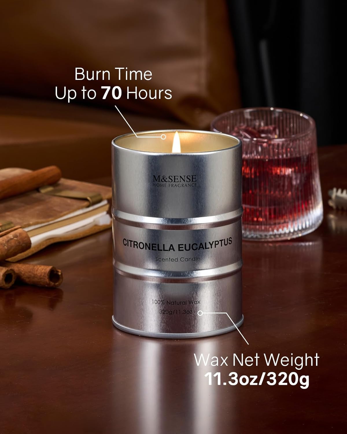 M&SENSE Scented Candle, Citronella Eucalyptus Medium Jar Candle for Men, 70 Hours Slow Burning Natural Soy Candles 11.3oz, Stress Relief Aromatherapy Candles Home Decor, Valentines Day Gifts for Him
