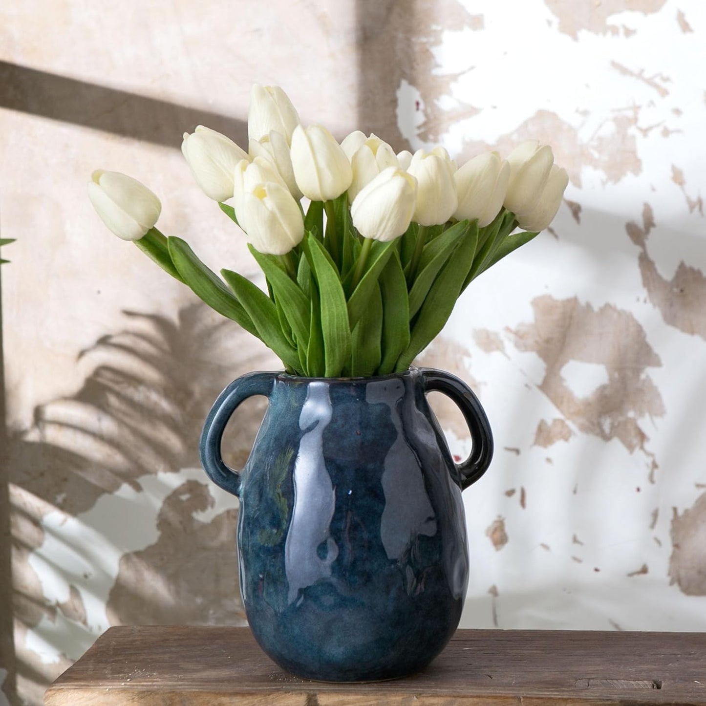 Blue Ceramic Vase with 2 Handles for Modern Farmhouse Home Decor, Vintage Rustic Decorative Vases, Small Vase for Fresh and Dried Flowers, Centerpiece Table Decorations, 7 Inch