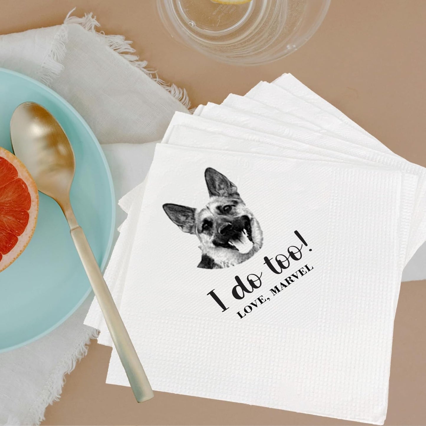 Luxury Personalized Dog Wedding Napkins, Personalized Photo Napkins for Dog, Custom Wedding Cocktail, Bridal Shower, Engagement Party Style 3