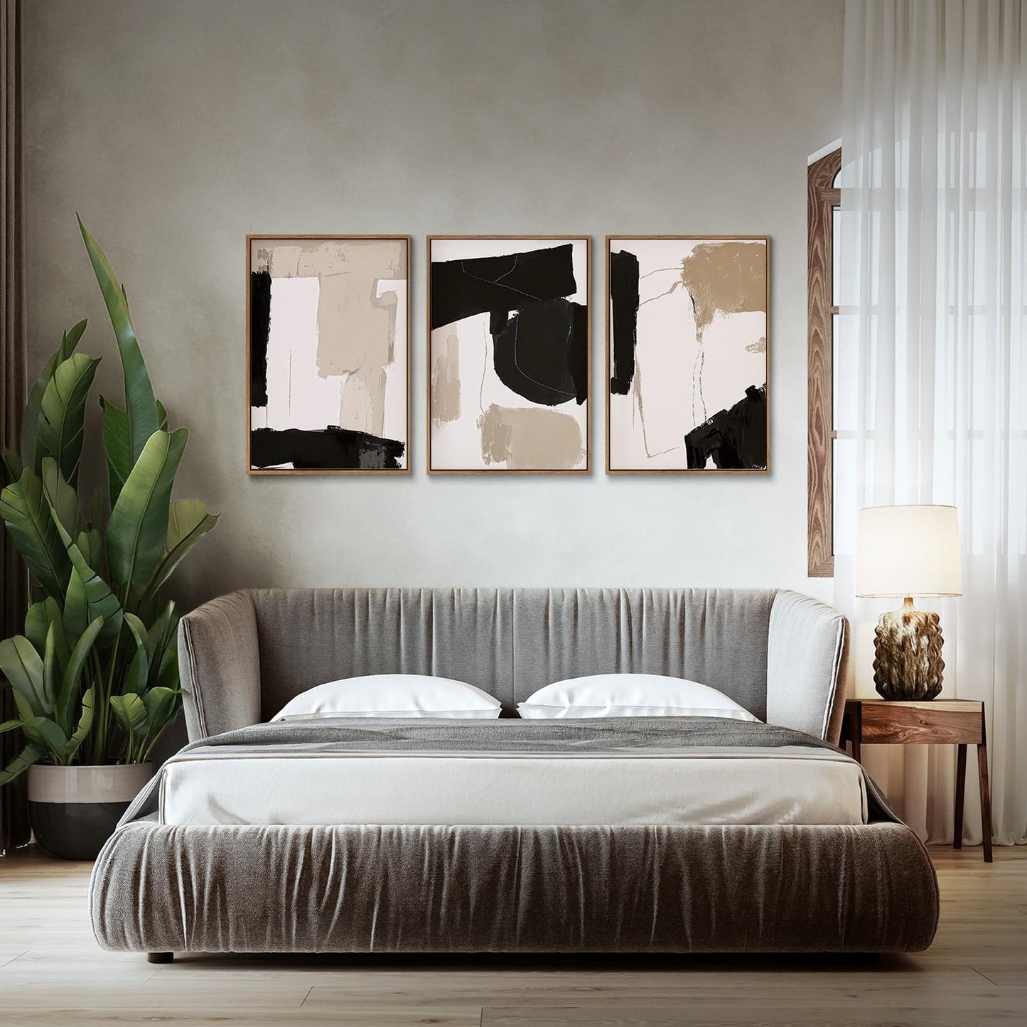 myusuar 3 Piece Large Modern Abstract Canvas Framed Wall Art For Living Room, Black And Beige Blocks Minimalist Wall Art Decor Posters Prints For Bedroom Office, 12x16in