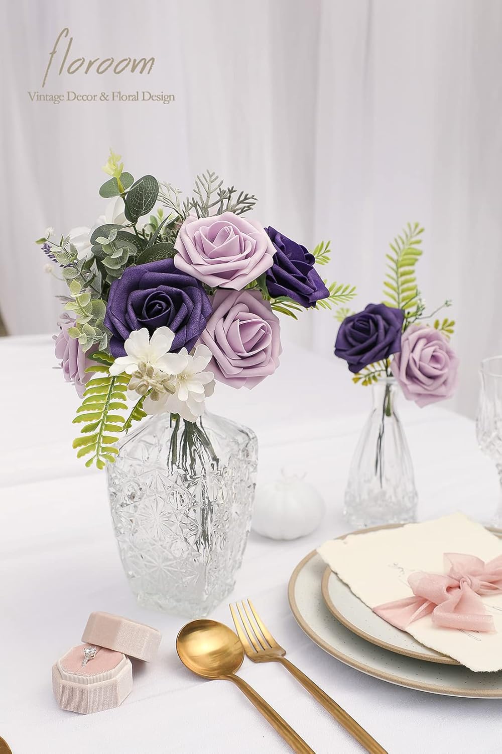 Floroom Artificial Flowers 25pcs Real Looking Lilac & Purple Foam Fake Roses with Stems for DIY Wedding Bouquets Bridal Shower Centerpieces Floral Arrangements Party Tables Home Decorations