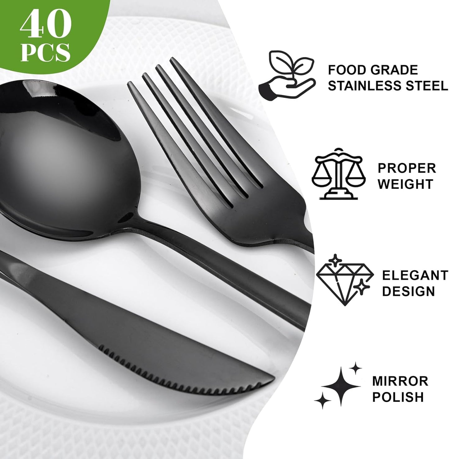 NOCCUR 40-Piece Stainless Steel Black Silverware Set for 8 - Black Utensils Set Include Knives Spoons and Forks for Home&Party