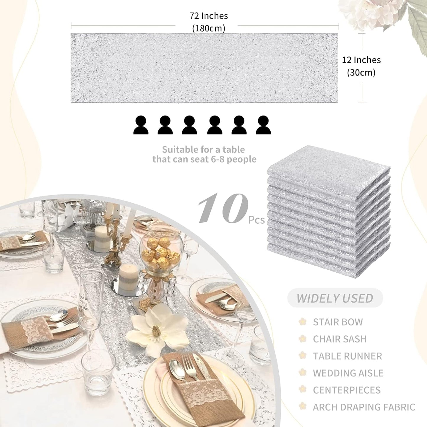 Silver Table Runner 10 Packs 12x72 Inch Sequin Glitter Table Runner for Rectangle Tables for Birthday Banquet Wedding Baby Shower Party Decorations