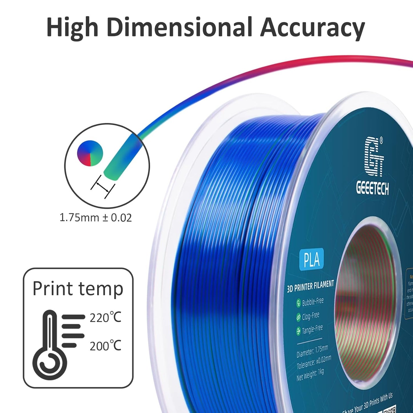 Geeetech Silk PLA Tri Color Filament 1.75mm 3D Printer Filament, Coextrusion Red Blue Green Tri-Colors Metal-Like Shiny Silk PLA Filament, 1kg (2.2lbs) 1 Spool, Dimensional Accuracy +/- 0.02 mm