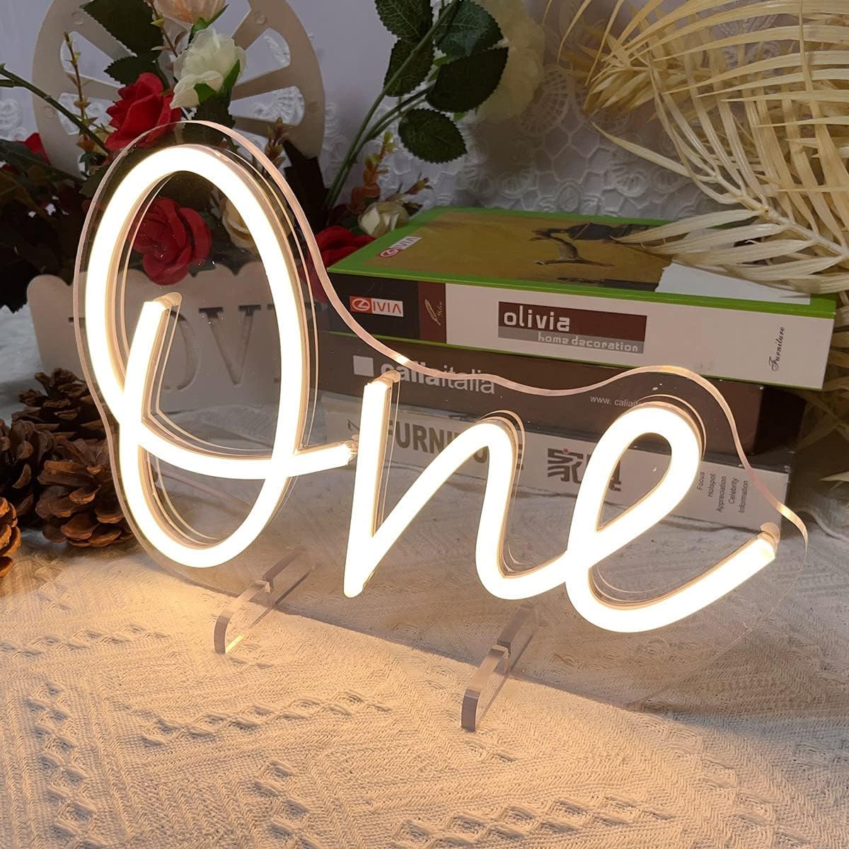 One Year Old Birthday Table Number Neon Sign Desk Lamp Night Light Wedding Letter LED Neon Sign Wedding Table Decorations Neon Light Bedroom Home Room Decor Christmas Party Warm White USB 28.8×19.6CM