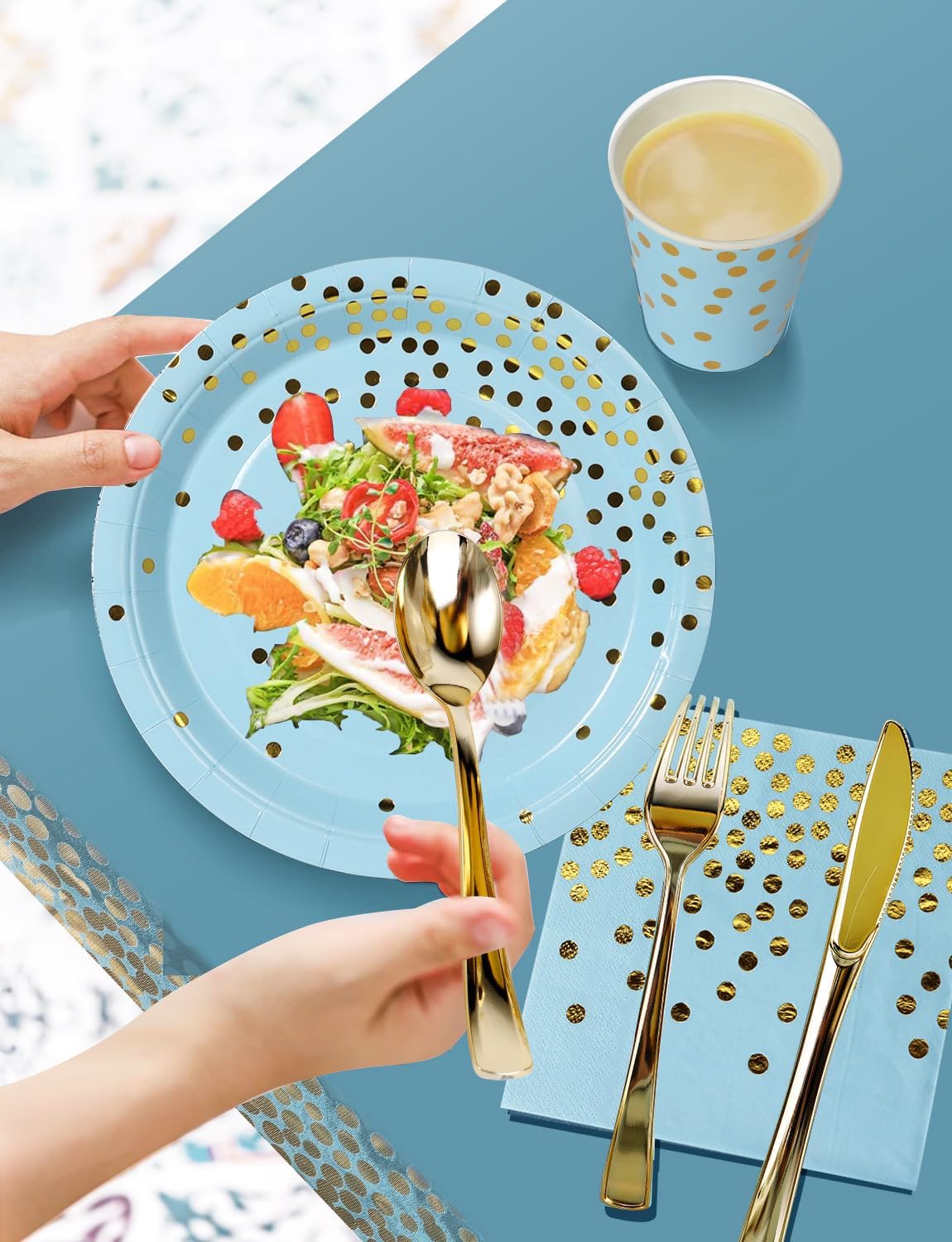 141 Pieces Light Blue and Gold Party Supplies, Party Dinnerware Sets Include Paper Plates Napkins Cups Silverware, for Wedding Bridal Shower Engagement Birthday Parties Decoration -20 Serves