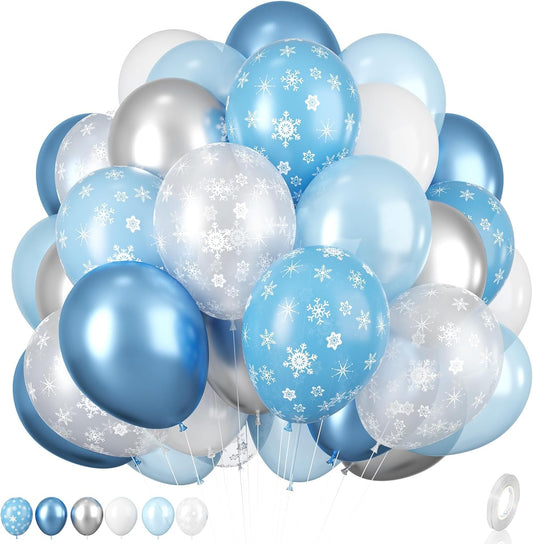 Snowflake Balloon, 12 Inch Ice Snow Blue White Balloons Pearl blue Metallic Blue Silver for Winter Wonderland Theme Snow Party Baby Shower Party Birthday Party Decorations