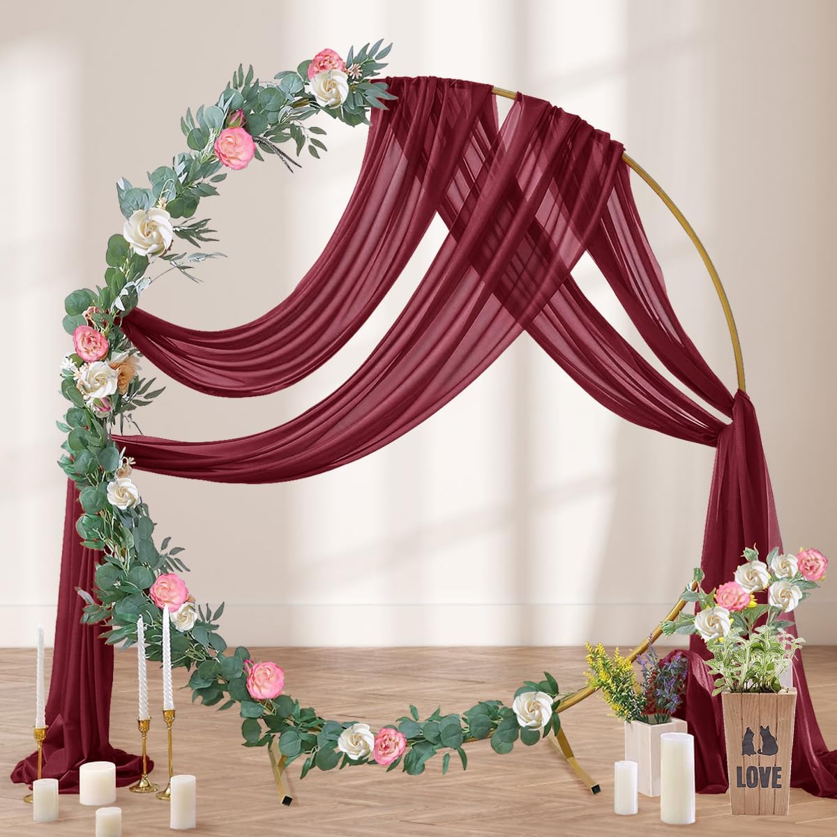 Burgundy Wedding Arch Draping Fabric 29" x 20 FT Red Drapes for Backdrop Sheer Curtains Wedding Drapes for Romantic Bridal Baby Shower Decor Ceremony Birthday Party Fall Outdoor Events