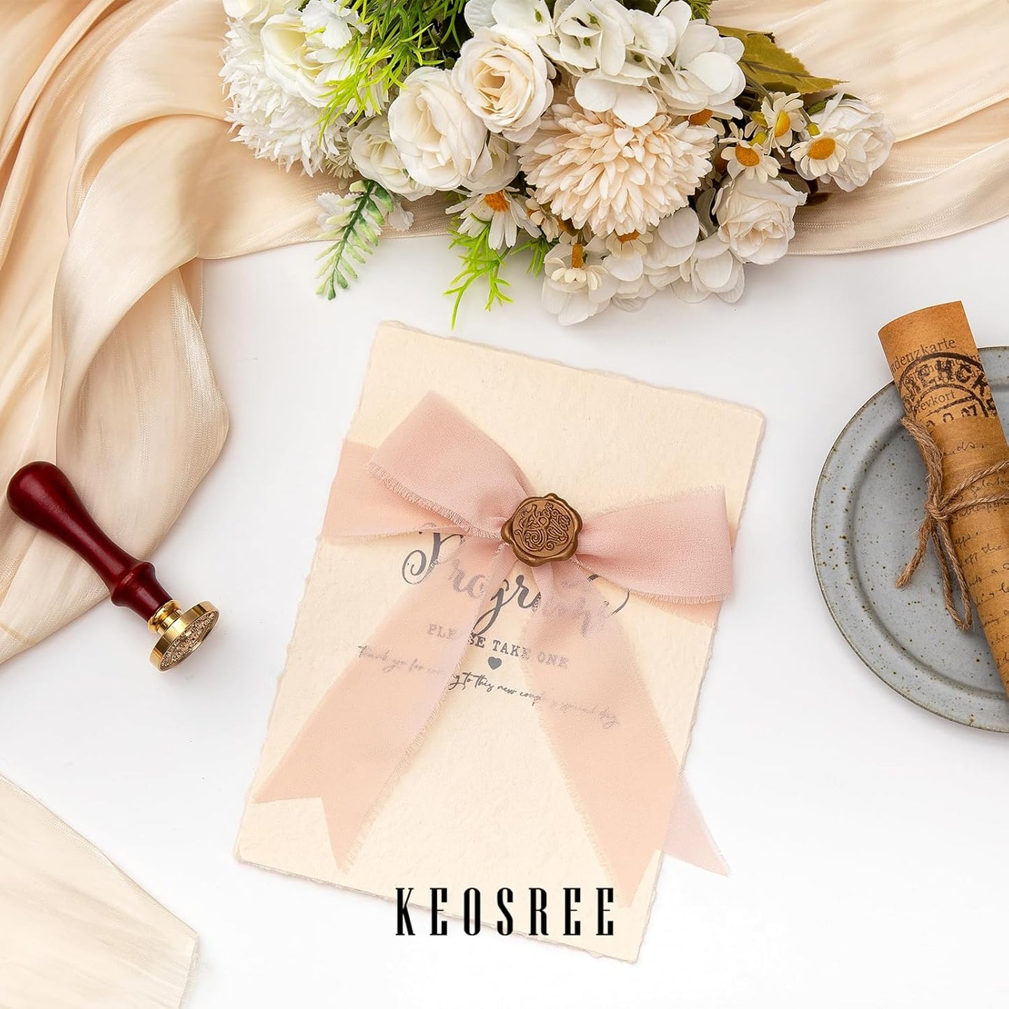 3 Rolls Nude & Cream White Handmade Chiffon Ribbon,1.5" x 21Yd Frayed Fringe Silk Ribbons (3 Rolls *7Yd) for Gifts Wrapping, Wedding Invitations, Bridal Bouquets, Decorations