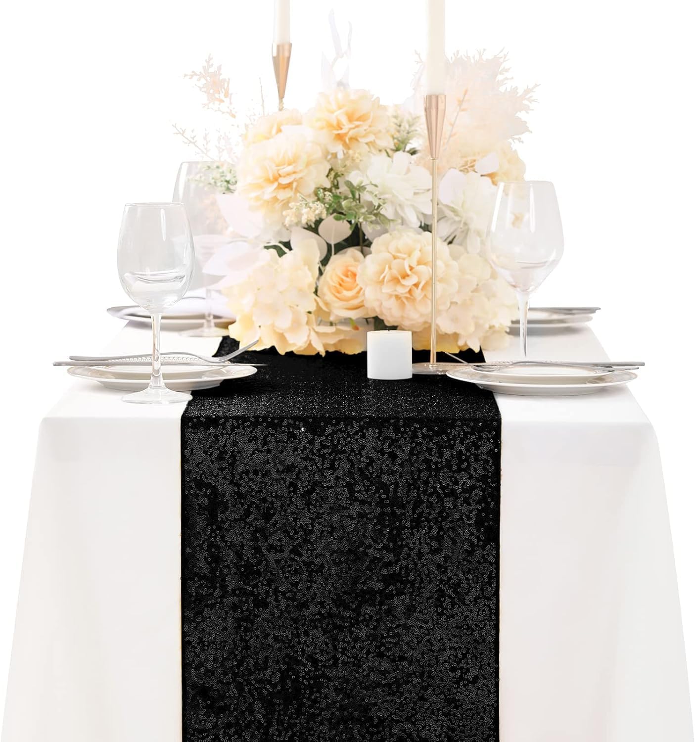 Sequin Table Runners 2 Pieces Black Table Runners 12x72Inch Glitter Dining Table Cover for Party Wedding Birthday Reception Banquet Decoration Halloween Party Chair Sashes