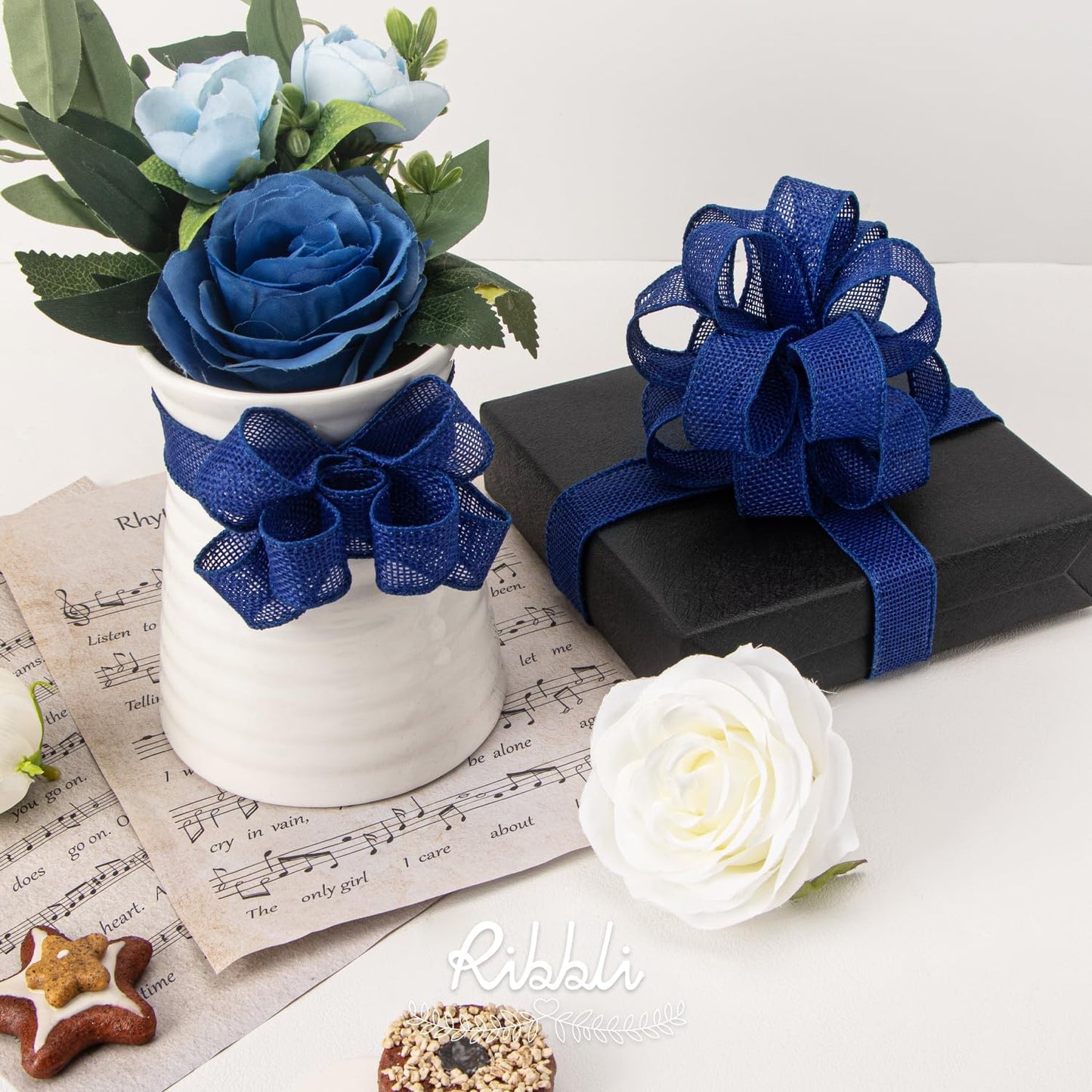 Ribbli Royal Blue Burlap Wired Ribbon, 1” Inch x Continuous 20 Yard, Blue Wired Ribbon for Wreaths,Big Bows,Tree Decoration,Outdoor Decoration