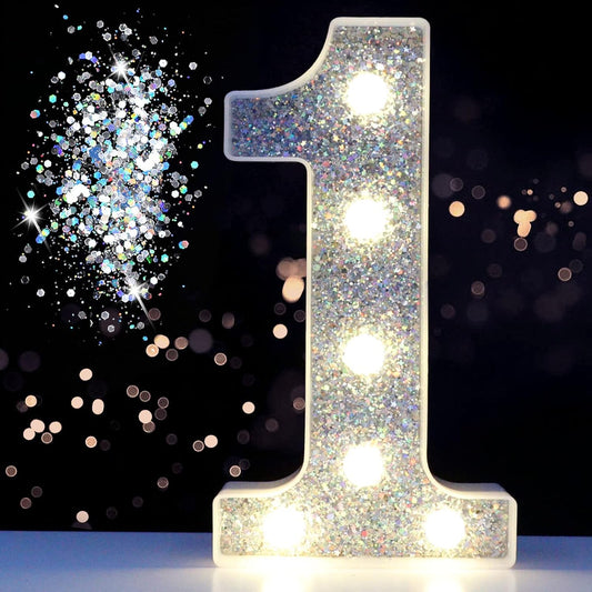 Pooqla Marquee Light up Numbers, Lighted Numbers for 1st Birthday Decorations, Night Light Battery Powered for Silver Party Decorations, Gift for Boys Girls Christmas Wedding Home Room Decoration