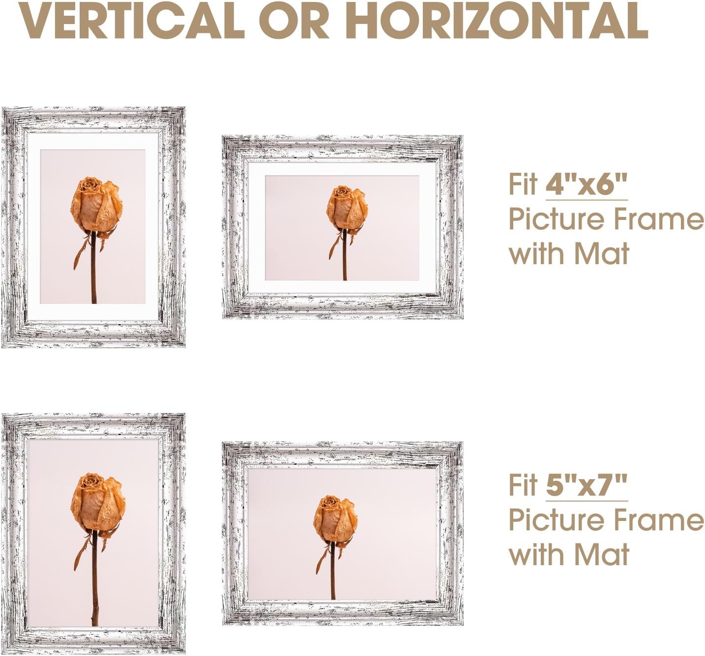 TWING 5x7 Picture Frames Set of 6,Display Pictures 4x6 with Mat or 5x7 Without Mat,Rustic Picture Frames Collage Photo Frame for Tabletop and Wall Mounting,Rustic White,Wave Texture