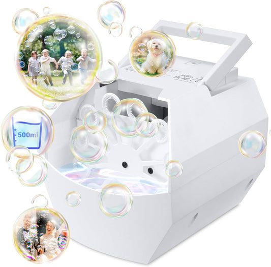 Theefun Bubble Machine: 500ML Automatic Bubble Blower Max 15000 Bubbles per Min for Kids and Toddlers, Battery or USB Operated Portable Bubble Maker for Parties Weddings Birthday White