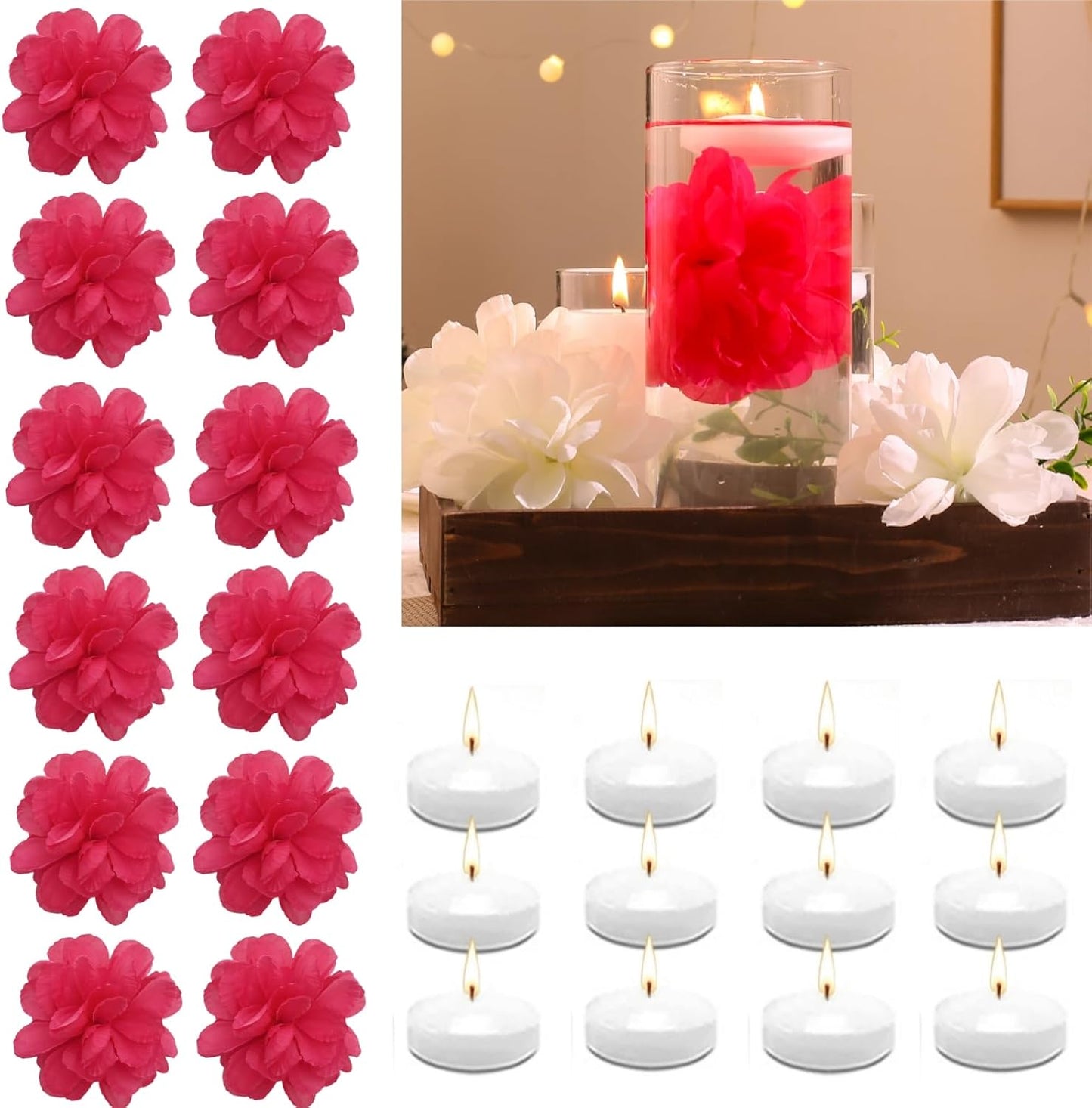24 Pcs Floating Candles for Centerpieces and Floating Flowers Artificial Flowers Head Vase Filler for Party Home Table Wedding Centerpieces Decoration (Rosered)