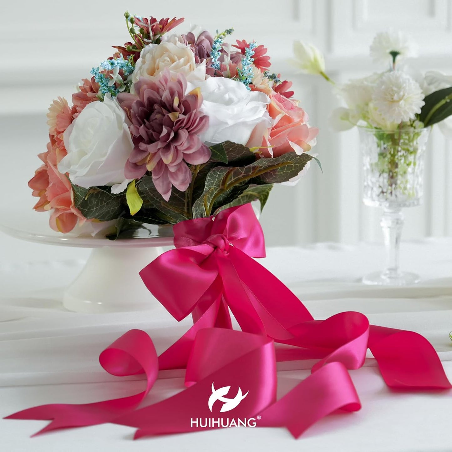 HUIHUANG Hot Pink Satin Ribbon 1-1/2 inch x 50 Yards Double-Faced Silk Like Ribbon for Flower Bouquet, Eternal Flowers, DIY Crafts, Party Favors, Bridal Shower Wedding Decor, Gift Wrapping, Bows