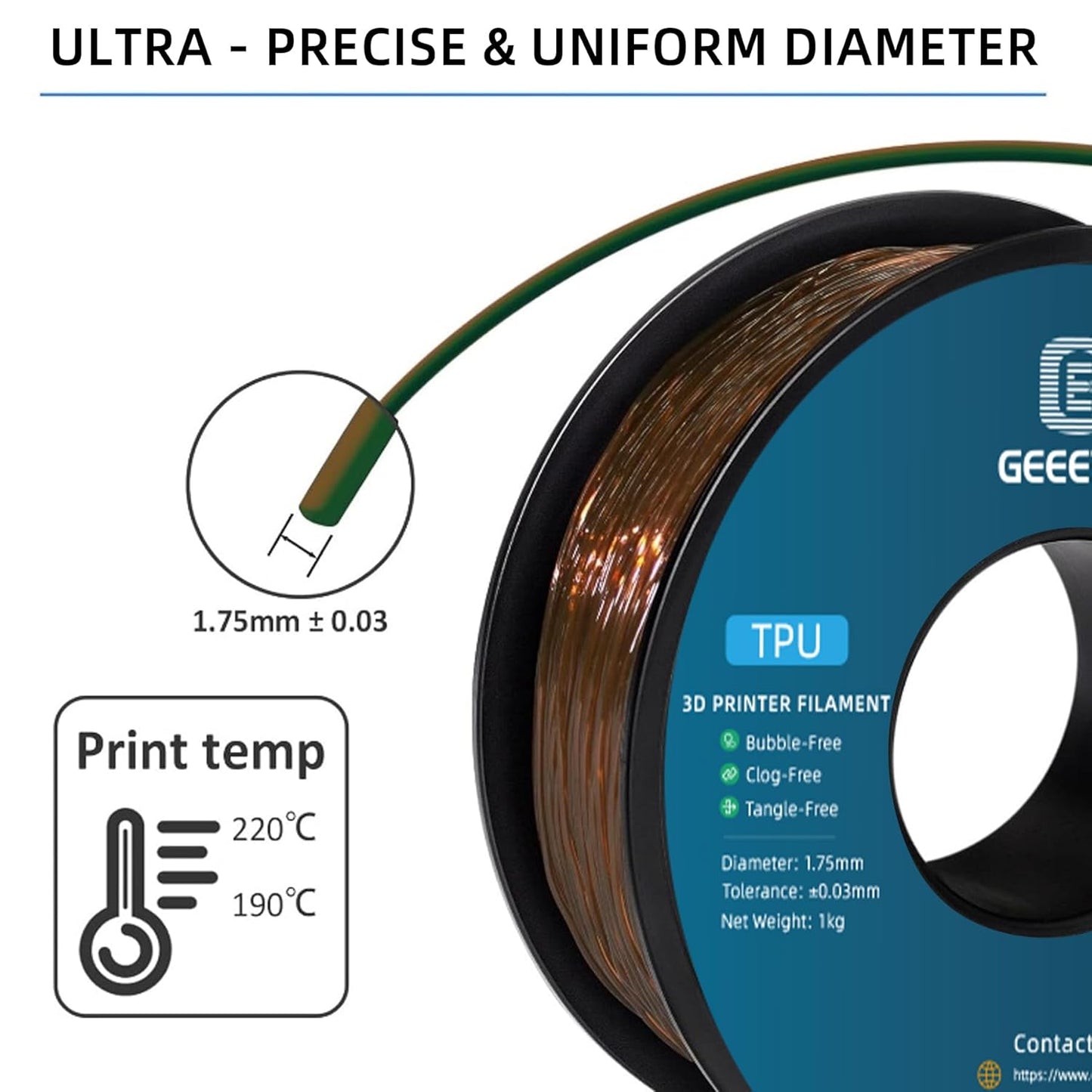 Geeetech TPU Filament 1.75mm, Shore 95A – Flexible 3D Printer Filament with High Elasticity, 1KG (2.2lbs) Spool, Dimensional Accuracy ±0.03mm, Fits Most FDM Printers (Clear Brown)