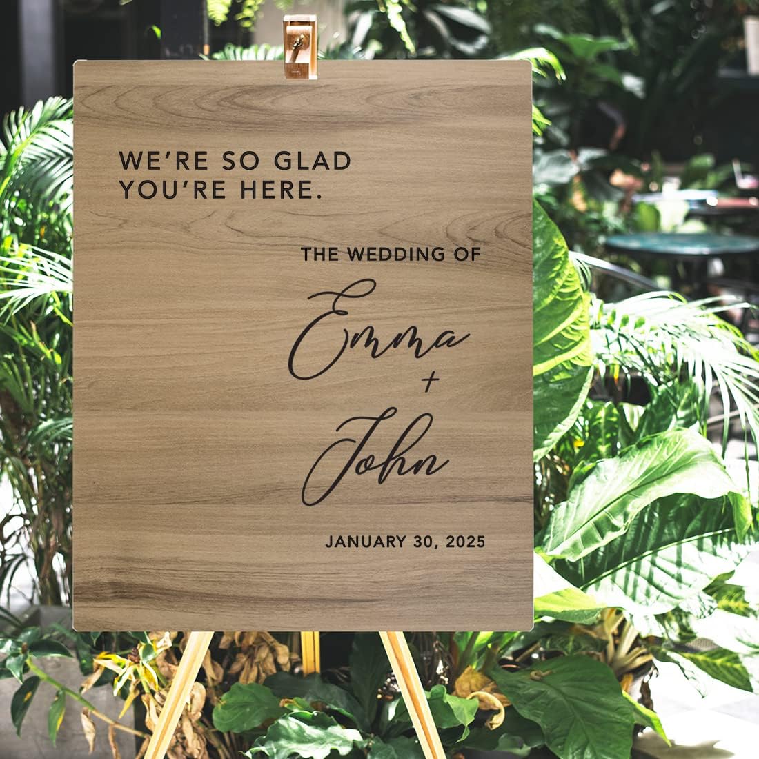 Andaz Press Large Wooden Welcome Sign for Wedding Rustic Welcome Sign 16" x 20" Custom Names So Glad You're Here Wedding Signage English Oak MDF Wood Finish Wedding Reception Indoor Outdoor Signs