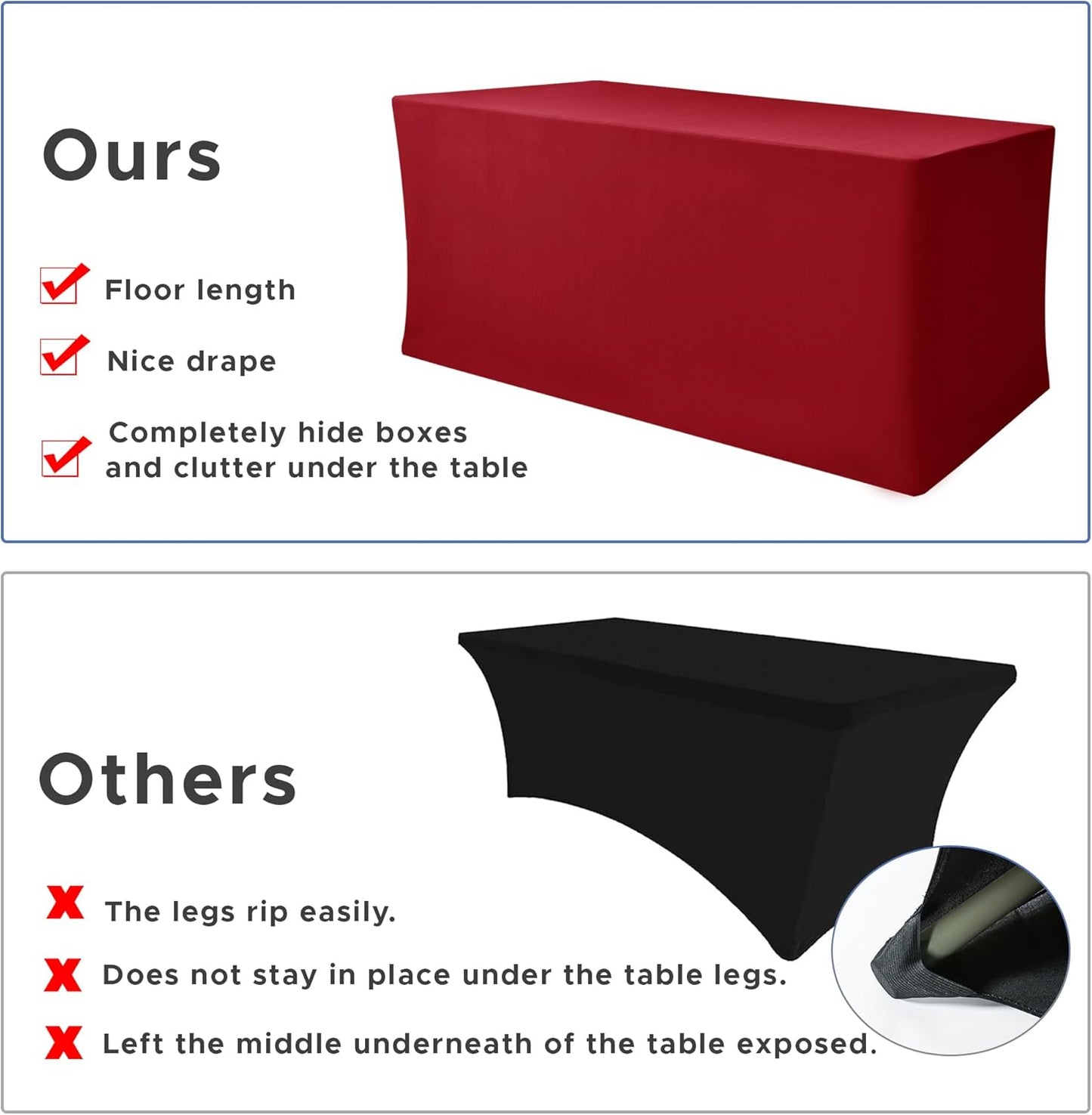 Nasitos Spandex Fitted Tablecloths for 6 Foot Tables - 72 x 30 Inch - 2 Pack Red Stretch Table Clothes, Wrinkle Resistant Rectangle Table Covers for Parties, Trade Show, Craft Show, Birthday