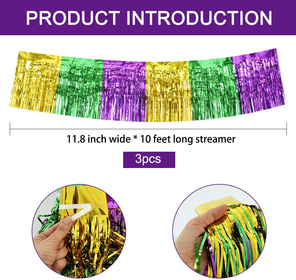 BEISHIDA 3 Packs Metallic Foil Fringe Garland Green Gold Purple Wall Hanging Tinsel Fringe Banners for Car Floats Bridal Shower Wedding Birthday Easter Graduation Holiday Party Deco(30 Feet)