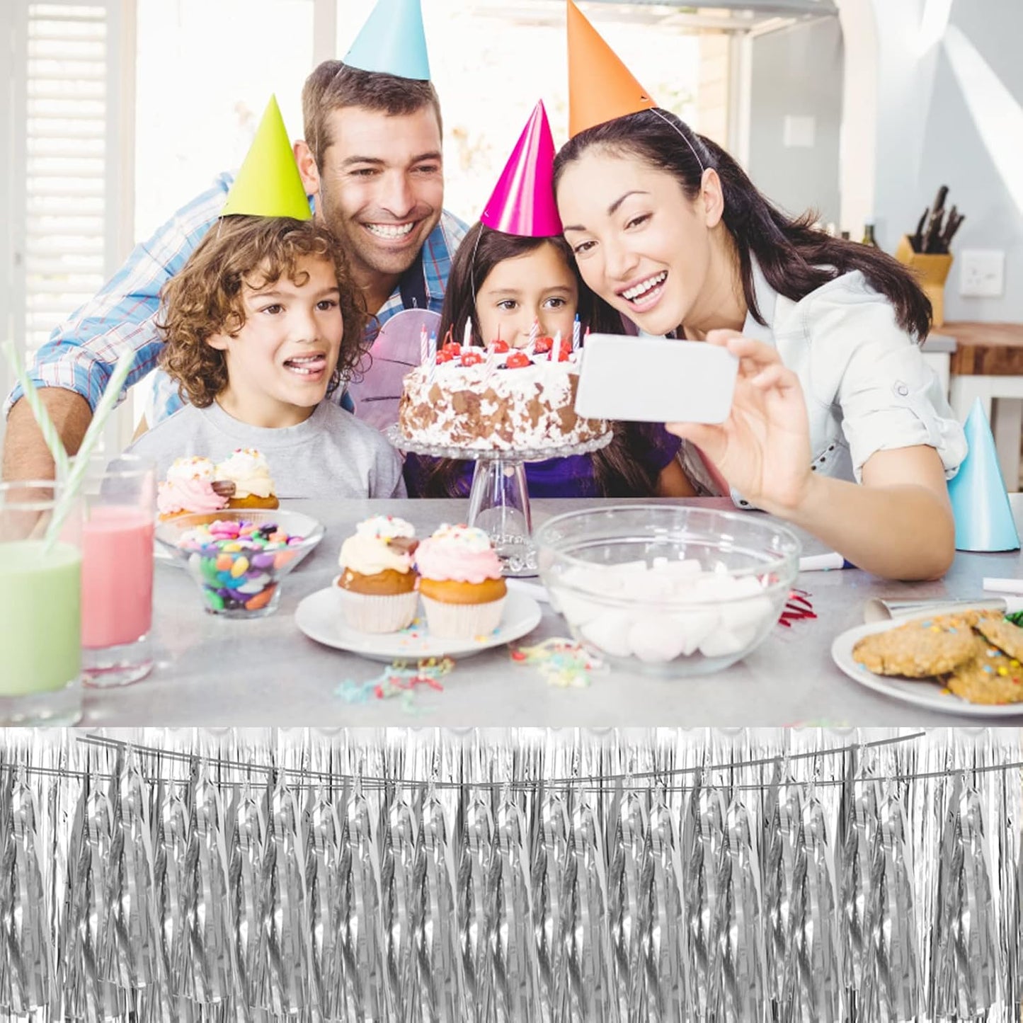 3P Silver Foil Fringe Metallic Tassel Streamers Banner Tassel Garland for Parade Floats, Bachelorette, Wedding, Birthday, Halloween, Christmas, Bridal/Baby Shower Party Decorations