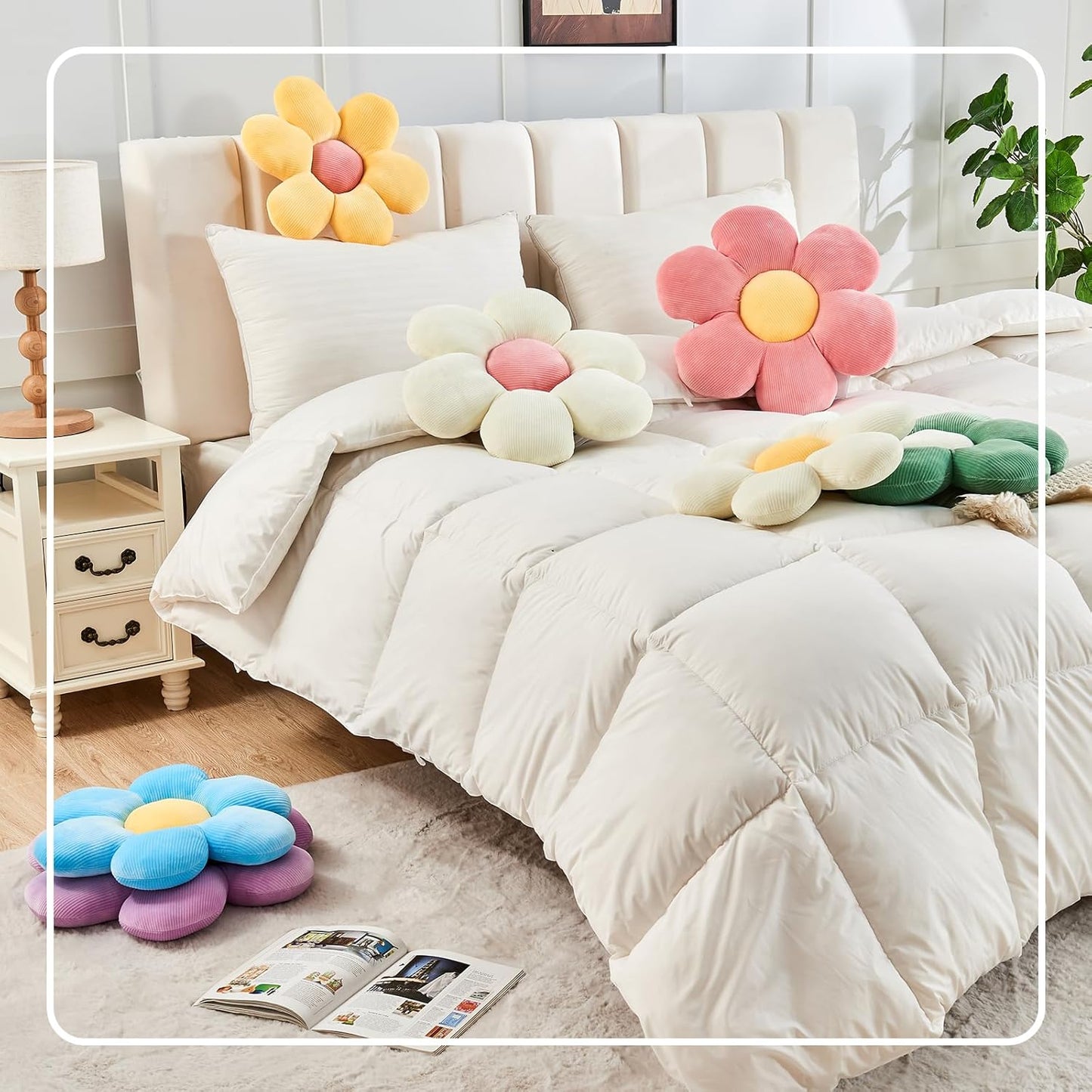 White Pink Flower Pillow, 19.6" Cute Flower Shaped Floor Pillow, Aesthetic Floral Plush Daisy Decorative Throw Pillows for Bed Sofa Couch