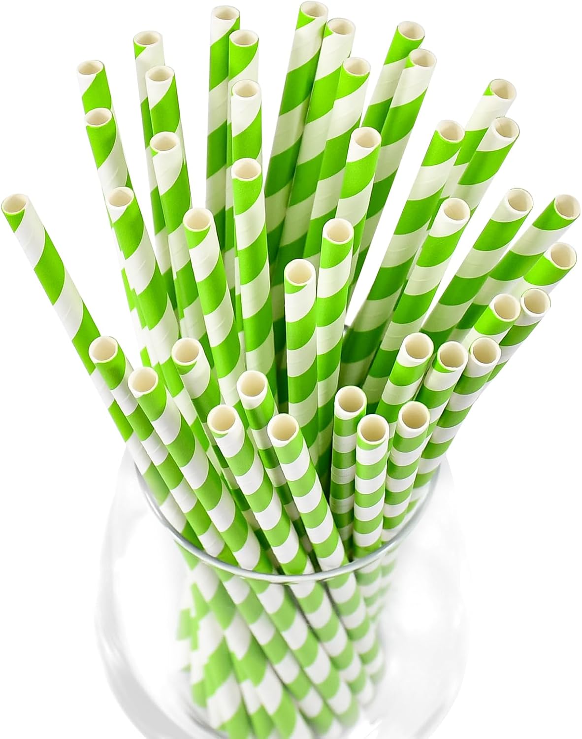 7.75'' x 0.24'' Disposable Party & Daily Paper Drinking Straws Green White Striped 100 Counts - Biodegradable & Compostable