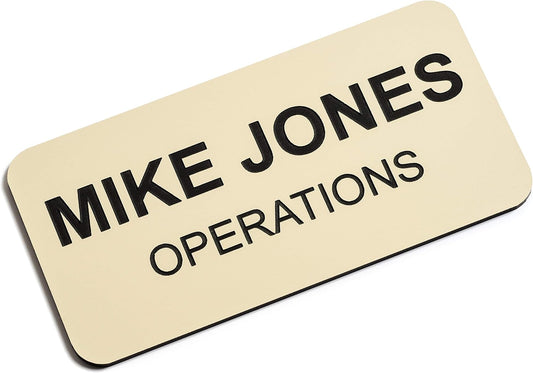 Custom Engraved Name Tag Badges – Personalized Identification with Pin or Magnetic Backing, 1.5 Inches x 3 Inches, Almond/Black