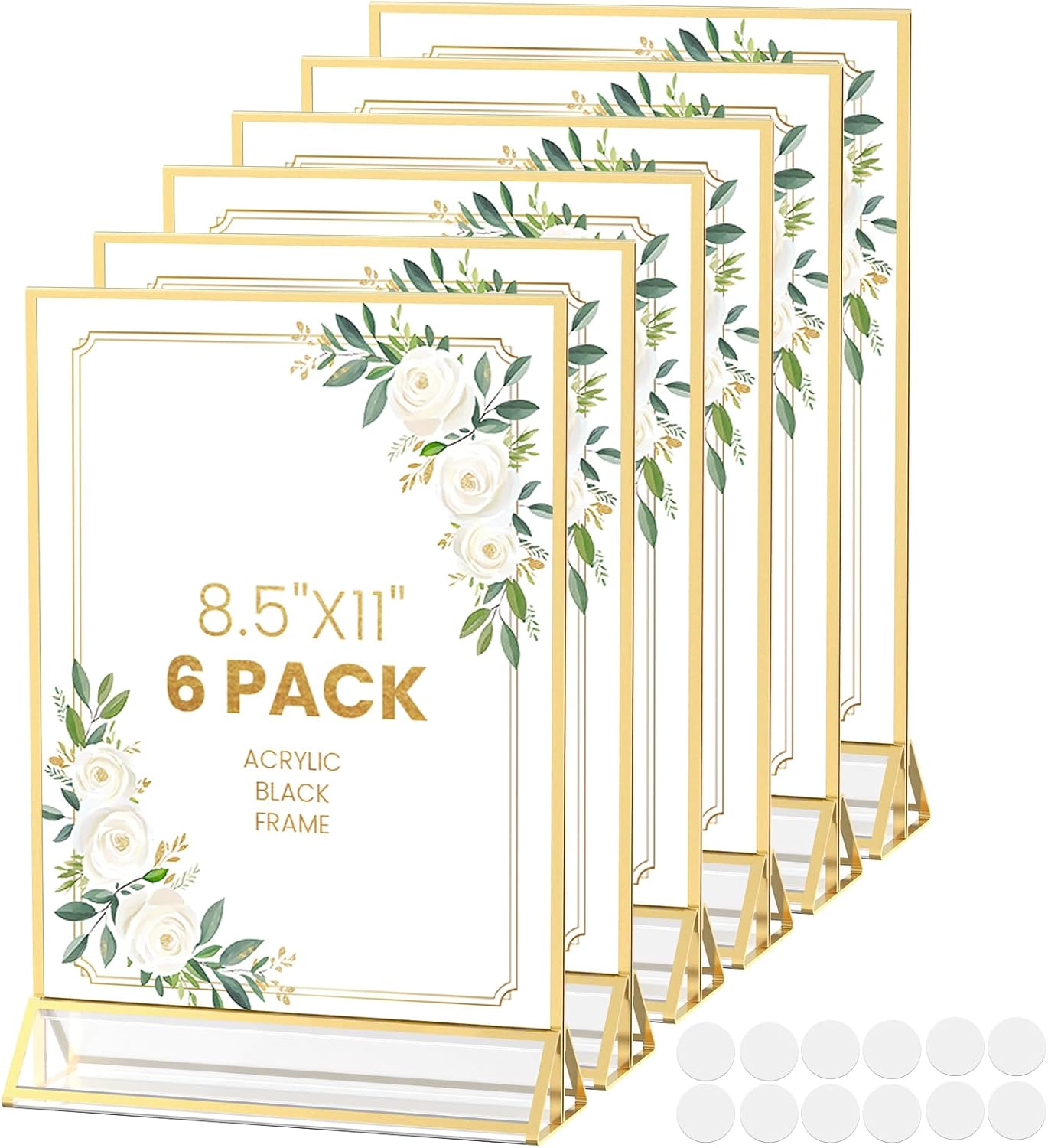 Acrylic Sign Holder 8.5X11 Gold Frames Double-Sided Gold Picture Frames Display Stand for Menu Holder Flyer Holder Wedding Table Number Holder Photo Frames with Double Sided Sticky Dots -6 Pack