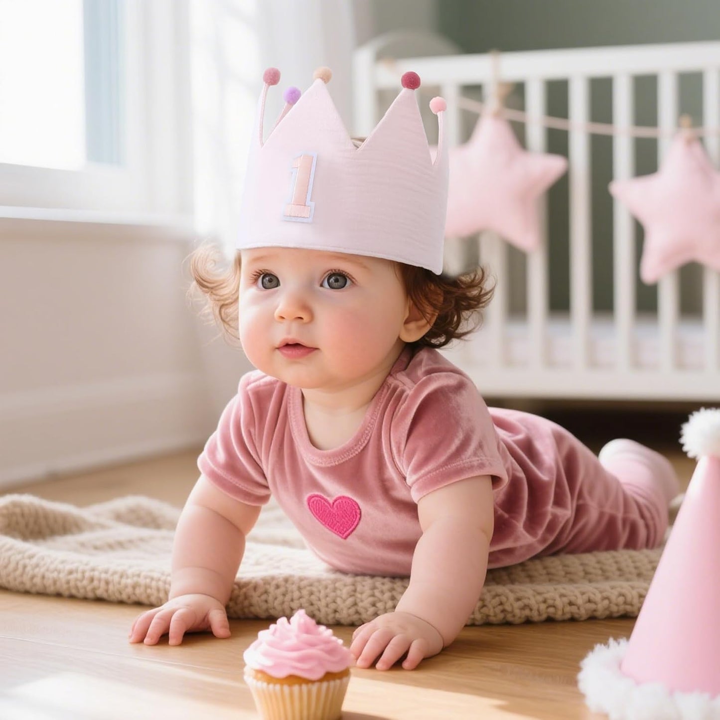 Muslin Crown Hat 1-3 Birthday For Baby Boy Girl Party Decoration Blue Pink Headband