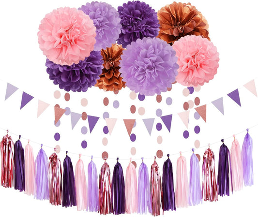 Rose-Gold Pink Purple Party Decorations - 30pcs Tissue Pom Poms Streamers,Baby Shower Decorations Girl Women Birthday Tassel Garland Banner,Bachelorette Wedding Engagement Decor Lasting Surprise