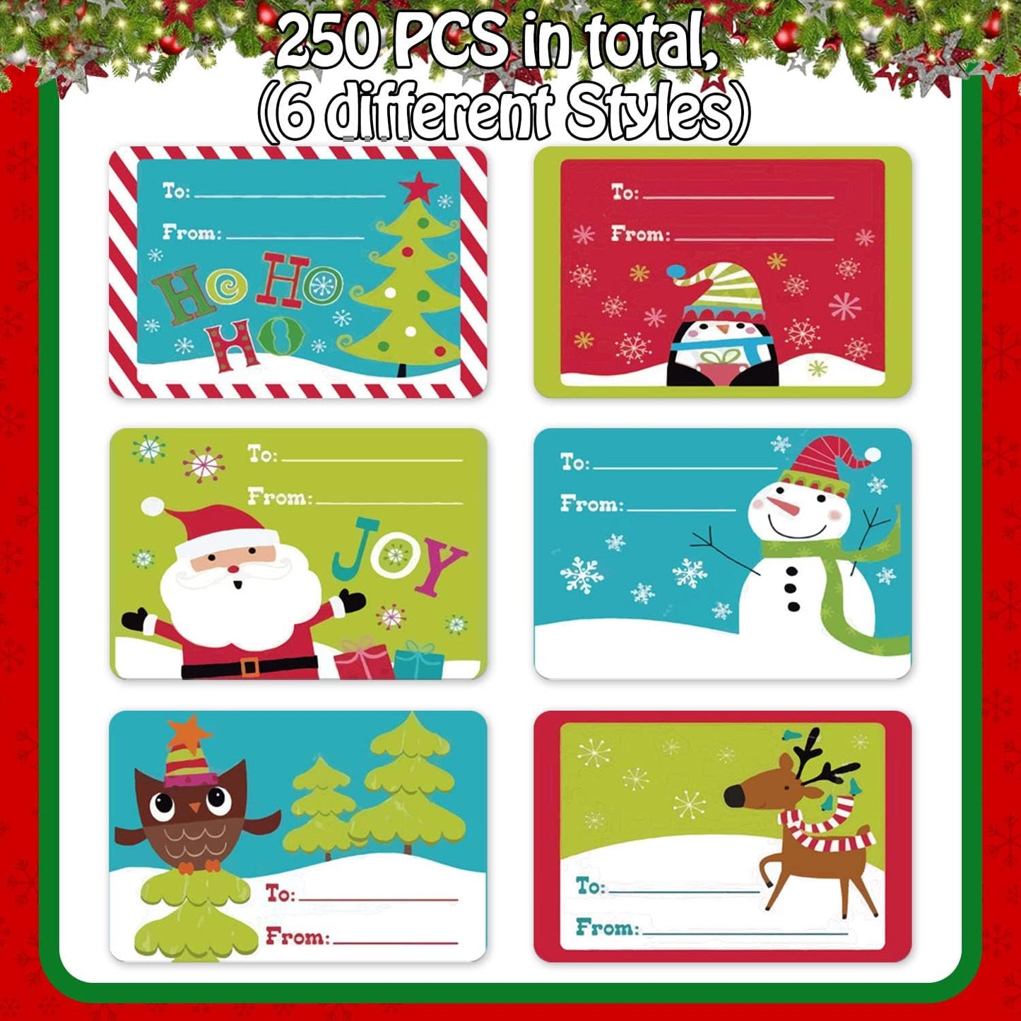 Cerlaza 250pcs Christmas Gift Tags for Holiday Presents Decoration, Santa Christmas Labels Self Adhesive Stickers, Xmas Name Tag Stickers for DIY Presents and Gifts