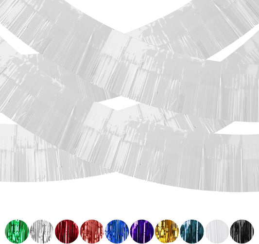 4 Pack Iridescent Float Fringe Curtains, Metallic Foil Fringe Garland Shiny Tassel Foil Parade Float Decorations for Trailer Car Graduation Homecoming Outdoor Indoor Party (White)