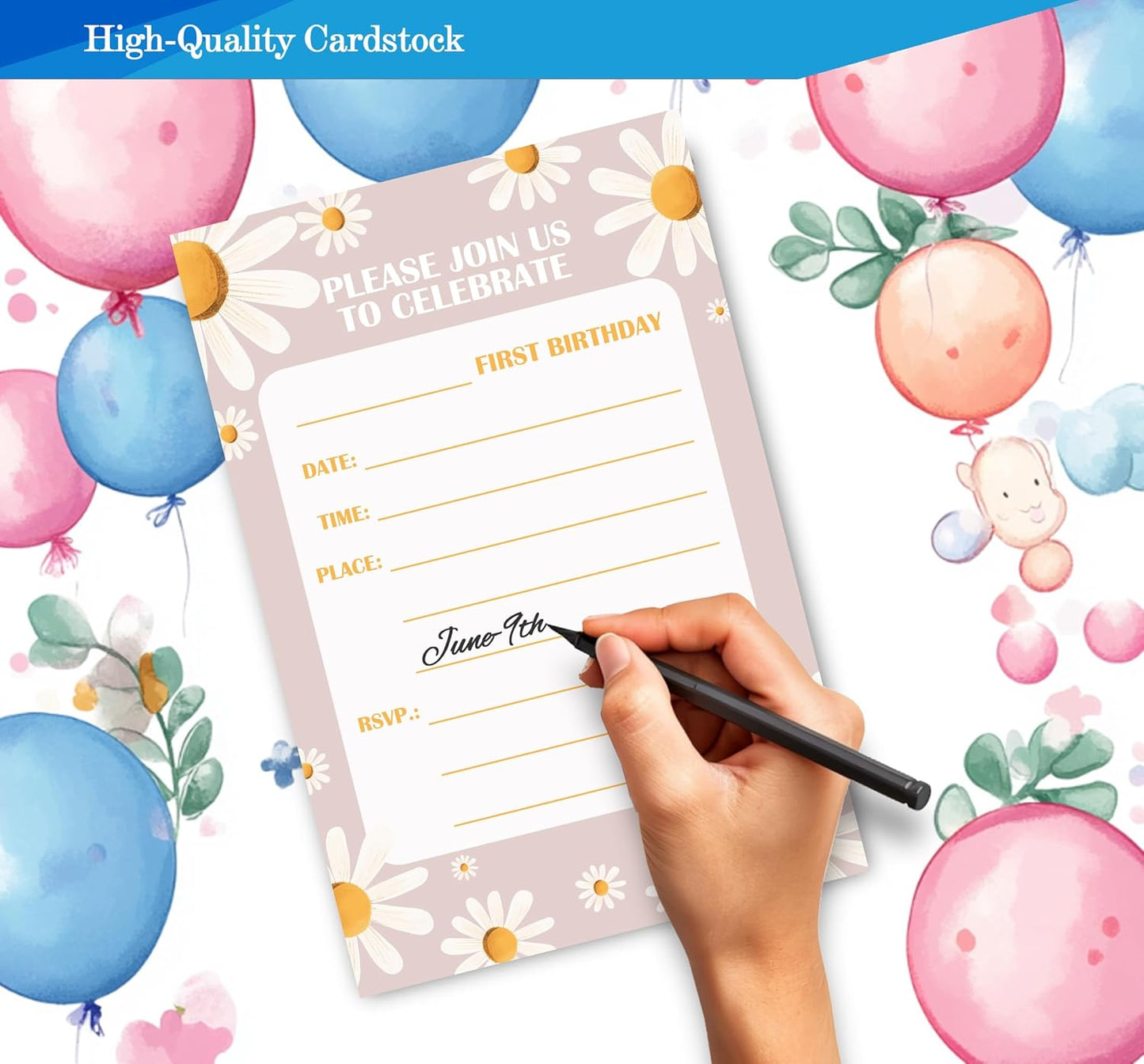 Daisy 1st Birthday Invitations for Girls, Daisy One Birthday Party Invitaions for Party Invites, 4x6 Inches, 30 Sets with Envelopes