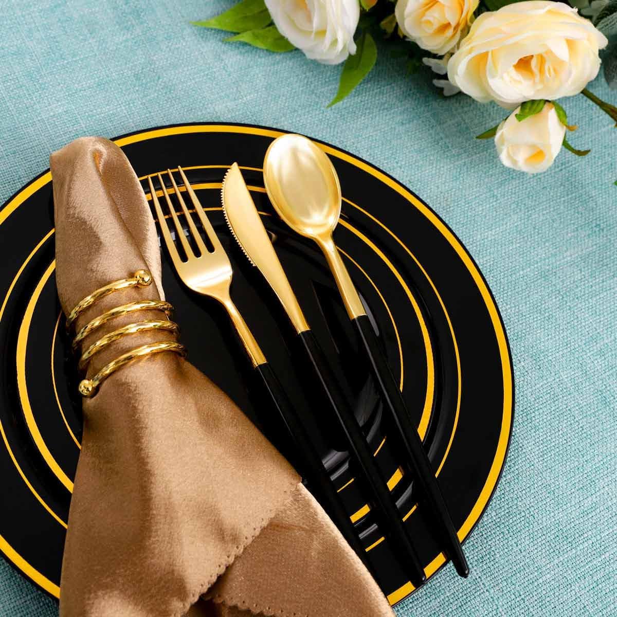 Rubtlamp 96 Pcs Gold Disposable Silverware, Plastic Cutlery, Gold Utensils Plastic with Black Handle Include 32Forks, 32Spoons, 32Knives for Party