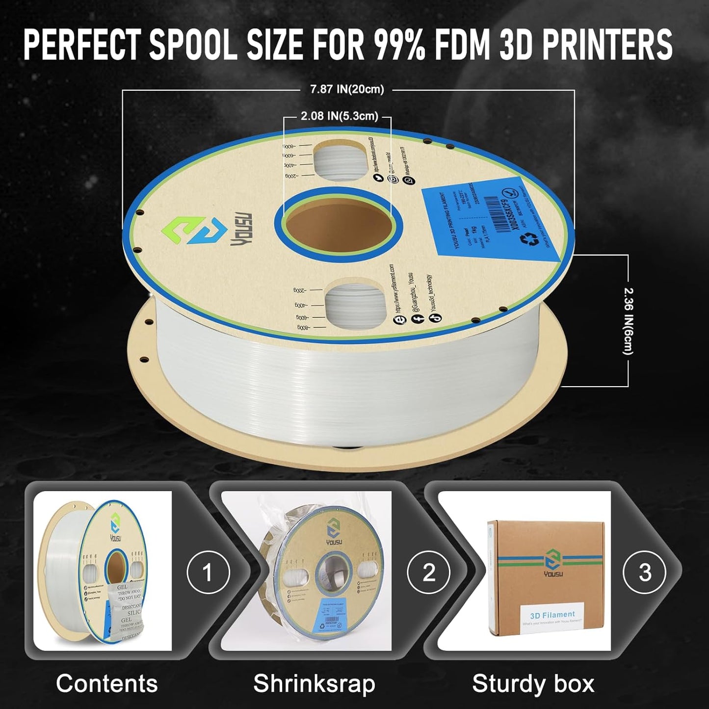 YOUSU 3D Printer Filament 1.75mm PLA Filament Glow in Dark White PLA Filament 3D Printing Filament 1kg(2.2lbs) Spool.