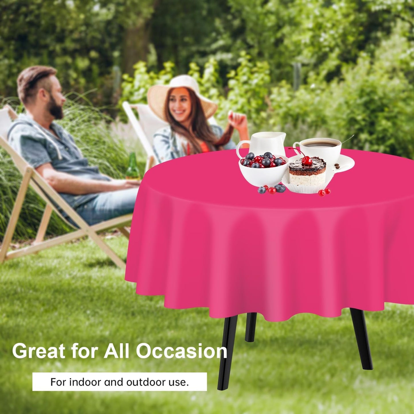 QIKSION Hot Pink Round Tablecloth 3 Pack, 84 Inch Plastic Table Cover Disposable for Parties