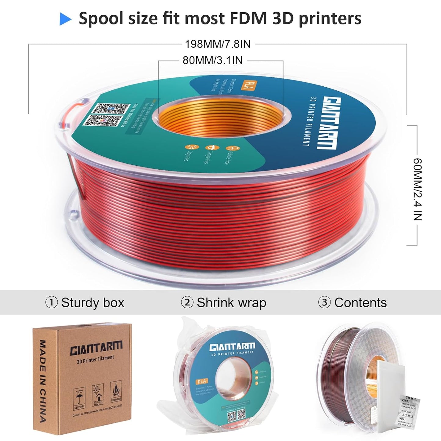 GIANTARM Tri-Colors Silk Pla Filament, Shiny Pla 3D Printer Filament 1.75mm +/-0.03mm, 1Kg (2.2lbs) Spool, Vacuum Packaging (Red+Gold+Black)