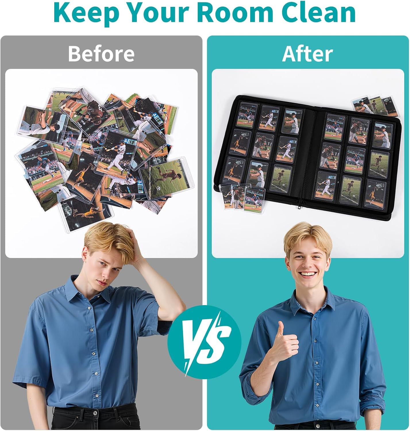 9-Pocket Toploader Binder, Baseball Football Sports Game Cards for 3"x4" Rigid Toploaders Trading Card Collection Album Holds 288 Cards Waterproof Storage Book Easy to Insert(Green)