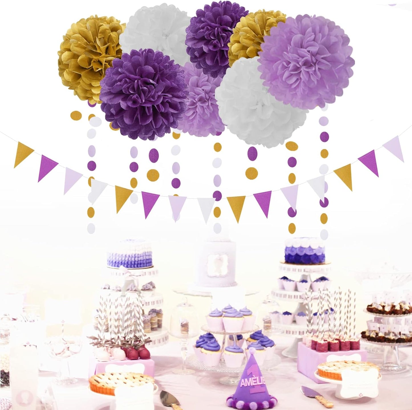 Purple Gold Graduation Decorations - 30pcs Kits Lavender White Paper Flowers,Banner Flags,Tassel Streamer Garland Engagement Girl Baby Bridal Shower Party Decoration Lasting Surprise