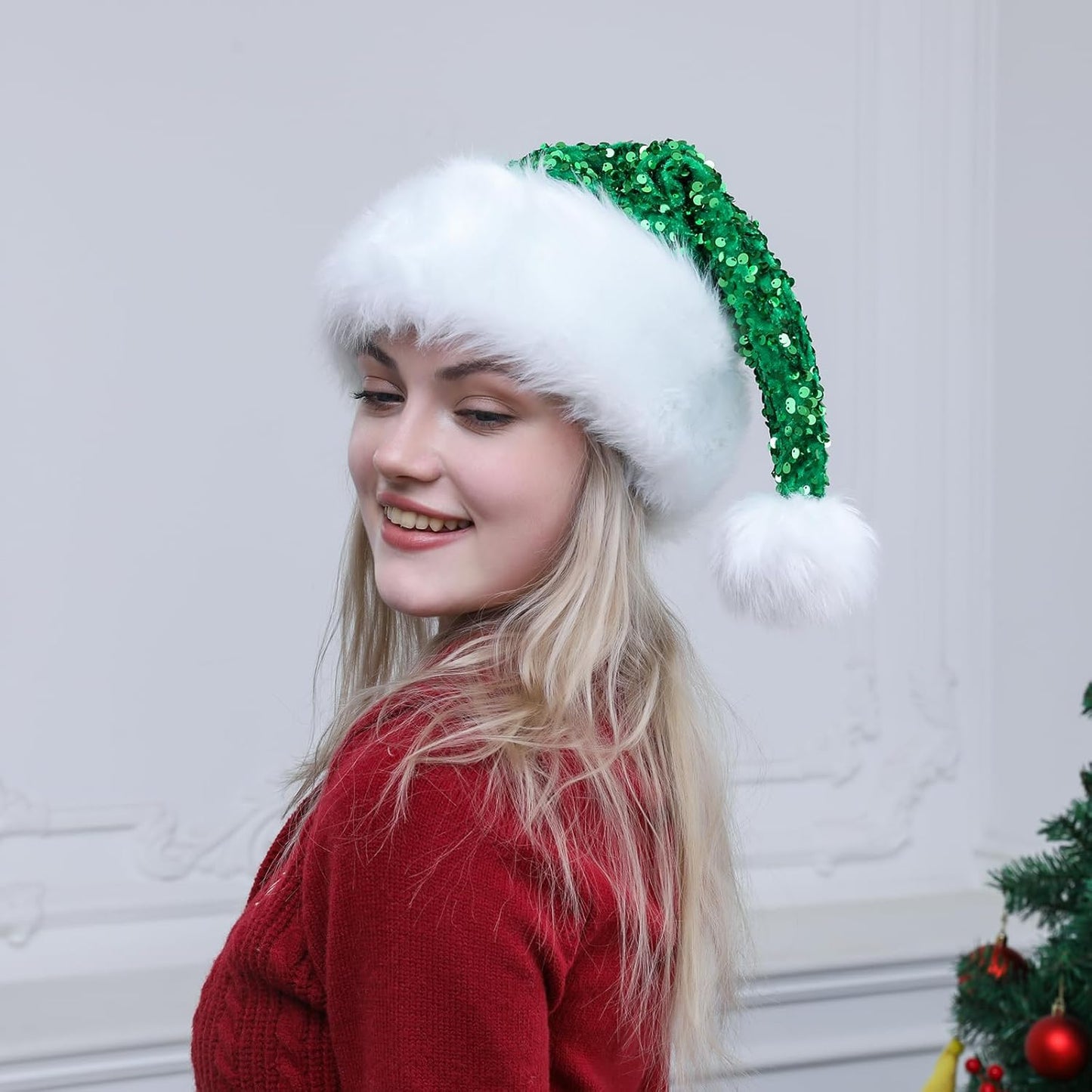 Personalized Sequin Santa Hat for Adults, Red Glitter Christmas Party Hat, Xmas Halloween New Year Holiday Headwear