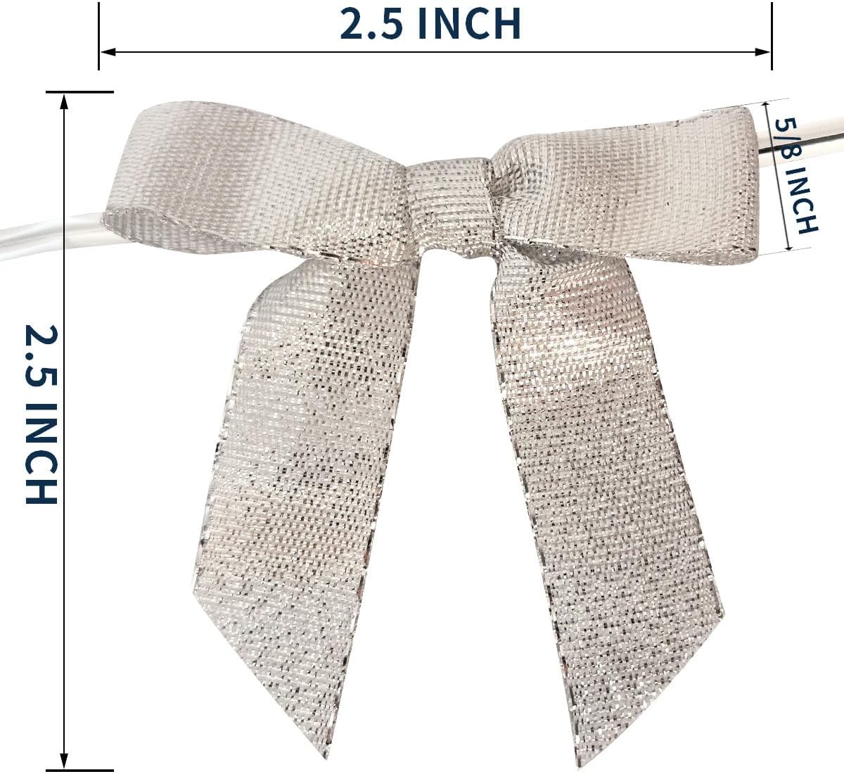 50pcs 2-1/2" Metallic Satin Silver Bows for Crafts Pretaied Christmas Bows with Twist Ties Hot Cut Tails for Christmas Decoration (Silver)