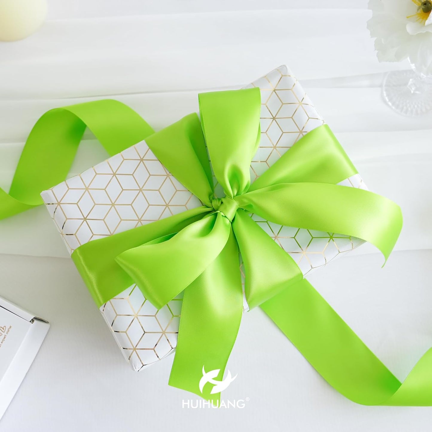 HUIHUANG Lime Green Satin Ribbon 1-1/2 inch x 50 Yards Double-Faced Silk Satin Ribbon for Gift Wrapping, Bows, Christmas Tree, Flower Bouquet, Eternal Flowers, DIY Crafts, Party Favors