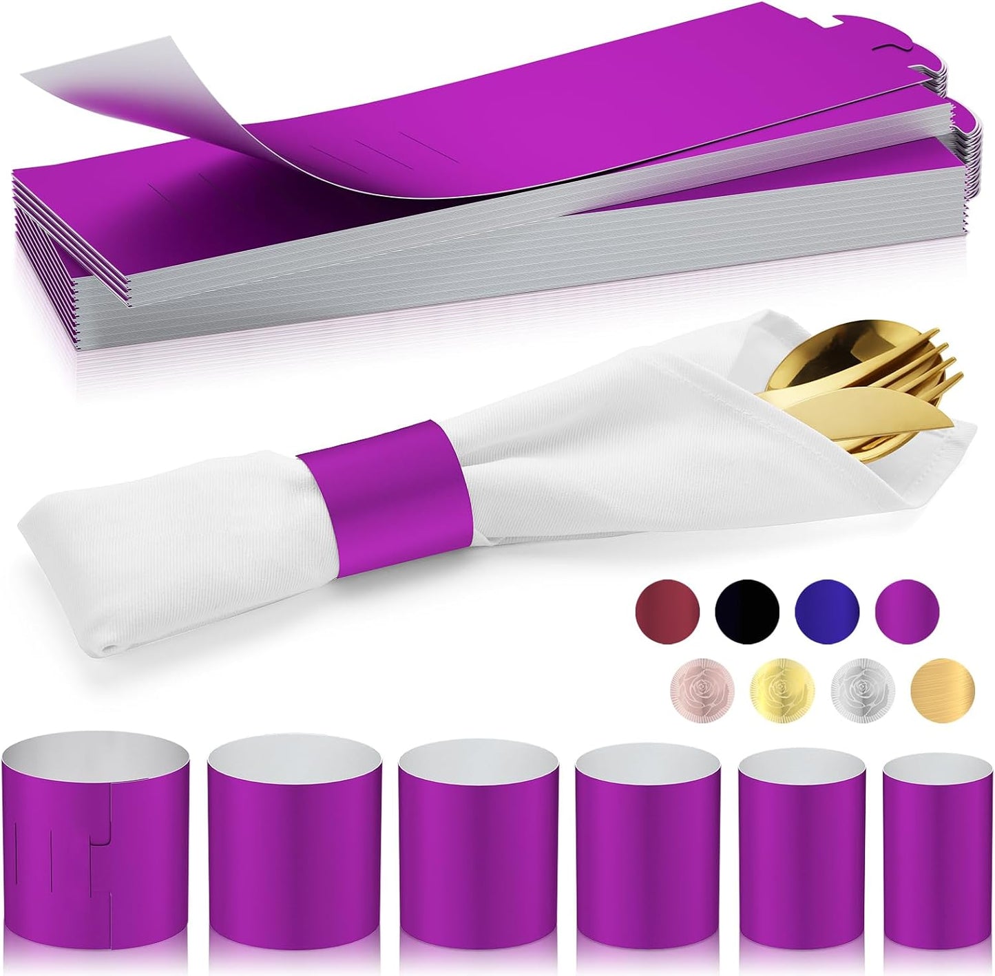 Polymer Material Reusable Napkin Band, Glue-Free Tear-Proof Water Resistant Oil-Proof Napkin Bands Set of 50(Front Purple Color and Back White), 6 Adjustable Sizes Napkin Rings