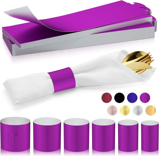 Polymer Material Reusable Napkin Band, Glue-Free Tear-Proof Water Resistant Oil-Proof Napkin Bands Set of 50(Front Purple Color and Back White), 6 Adjustable Sizes Napkin Rings